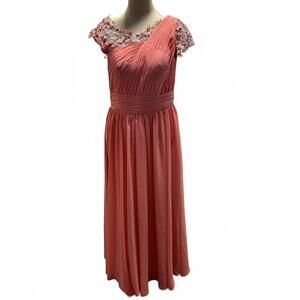 Custom Coral Rhinestone Lace Satin Gown Dress Pleated S